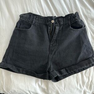 Scrunched High Rise Black Denim Shorts